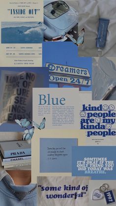 a collage of blue and white items with the words inside out written on them