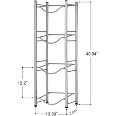 a tall metal rack with four shelves on each side and measurements for the top shelf