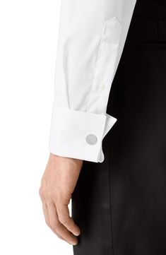 Cut in a slim fit, this sharp tuxedo shirt is constructed from a high-performance, crease-resistant cotton and fitted with a classic spread collar. French placket Spread collar with collar stays French cuffs 100% organic cotton Machine wash, line dry Imported French Cuff Shirts, Tuxedo Shirt, Organic Cotton Dress, Cutaway Collar, Formal Shirt, Collar Stays, Tuxedo Shirts, Slim Fit Dresses, Black Shirt Dress