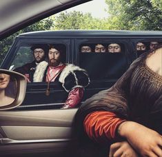 an image of people riding in the back of a car with their faces painted on