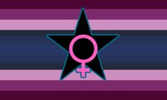 a star with a female symbol in the center on a purple and black striped background