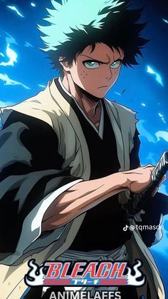 an anime character with black hair and blue eyes holding a cell phone in his hand