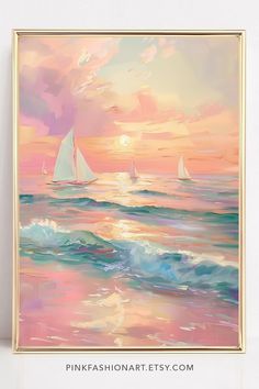 an oil painting of sailboats in the ocean at sunset with pink and blue colors