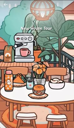 an animated image of a table with food on it and the words new house tour