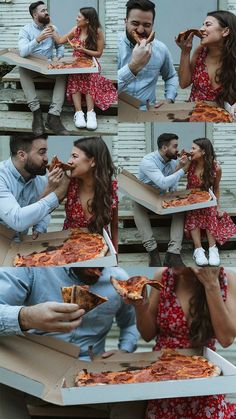 a man and woman are eating pizza together