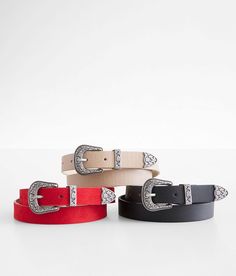 BKE 3 Pack Basic Belt Set - Cream/Red/Black X-Small, Women's Multi Faux leather 7/8 belts. Black and Tan: 100% Polyurethane. Red: Faux Fur: 100% Polyester. Backing: 100% Polyurethane.. WOMEN'S BELT SIZE CONVERSION CHART Jean Size 23-24 25-26 27-28 29-30 31-32 Belt Size XS S M L XL Belt Length** 34 37 40 43 46 *Conversion sizes may vary. **Measures from end to end excluding the buckle. These are general guidelines and sizing is dependent on belt being worn at natural waistline or the hip. Apparel Women's Belts, Belt Length, Conversion Chart, Women's Belt, Set For Women, Belt Size, Black Media, Belts For Women, Black And Tan