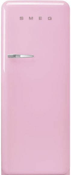 a pink refrigerator freezer sitting on top of a white counter