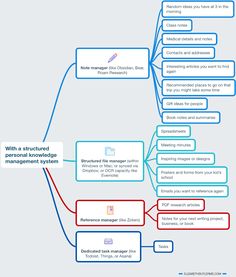 a mind map with several different types of information and words in red, blue, and green