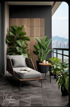 a balcony with potted plants and a chaise lounge chair on the floor next to it