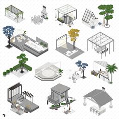 an illustrated set of various types of outdoor furniture and trees, including chairs, tables, umbrellas and benches