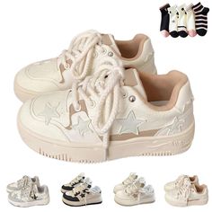 PRICES MAY VARY. 🌟 Fashionable Design: Adorned with charming star-shaped embellishments and a trendy thick sole, these sneakers elevate your style with a touch of whimsy and a vintage Y2K aesthetic. Perfect for making a bold statement in any casual setting. 🌬️ Breathable Comfort: Perforations on the shoe front ensure air circulation, keeping your feet fresh and comfortable throughout the day. High-quality material insoles enhance all-day wear pleasure, making these sneakers an ideal choice for Nike Shoes Color, Mha Shoes, Amazon Sneakers, Caps Shield, Cute Platform Shoes, Walking Sneakers For Women, Shoes For Sports, Shoe References, College Shoes