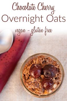 chocolate cherry overnight oatmeal in a glass bowl