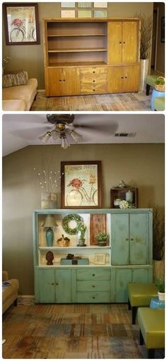 an old dresser has been refinished into a living room hutch for storage