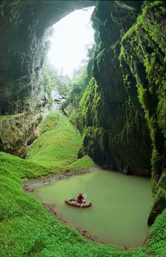 a person in a small boat floating through a cave filled with green mossy water