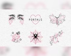 some pink and black tattoos on a white paper with the words portals written in it