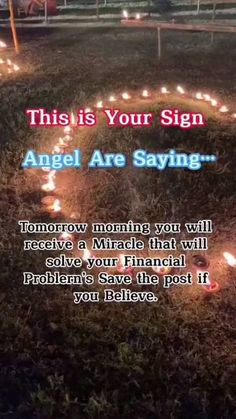 the words angel are saying in front of a field with candles on it and an image of