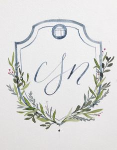 a watercolor painting of a monogrammed sign with leaves and berries around it