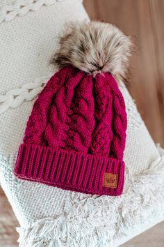 womens cable knit fur pom beanie hat magenta Pom Pom Hat, Fur Pom Pom, Knitting Designs, Jewelry Bags, Dresses With Leggings, Egift Card, Shoe Sale, Your Head, Cable Knit