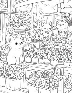 a black and white image of flowers for sale in a store with cats sitting on the shelf