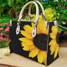 Sunflower Floral Black Leather Women Handbags It's a practical accessory for fashion-conscious individuals on the go and makes an excellent gift choic... Sunflower Purse, Women Hand Bags, Sunflower Accessories, Lady Dior Handbag, Weekend Bags, Purse Luxury, Expensive Bag, Sunflower Wall Art