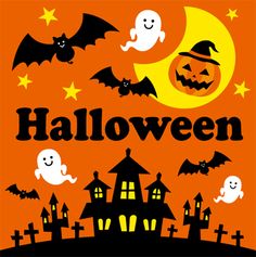 an orange halloween poster with bats and ghostes