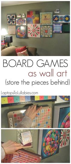 three different pictures with the words board games as wall art, store the pieces behind