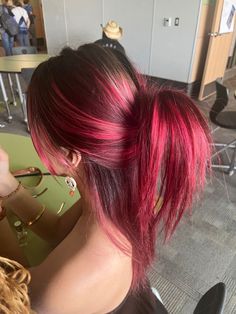 Hair Colours Ideas For Brunettes, Dyed Hair Inspiration Colorful, Hair Color Ideas Dyed, Magenta Halo Hair, Multiple Red Hair Color, Cute Hair Colors For Dark Brown Hair, Black Hair With Red And Pink Highlights, Y2k Haircolor Ideas, Dyed Hair Back Of Head