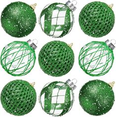 six green christmas ornaments with white and gold trim