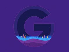 the letter g is surrounded by grass and water in this purple background with blue sky