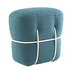 a blue ottoman with white cords on the top and bottom, sitting in front of a white background