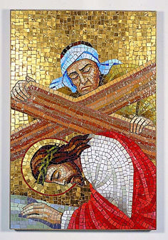 an image of jesus carrying the cross on his shoulder with another man in red and white