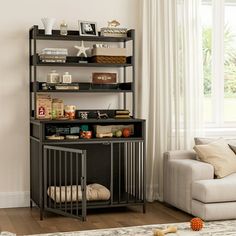 a living room with a couch, coffee table and shelving unit in the corner