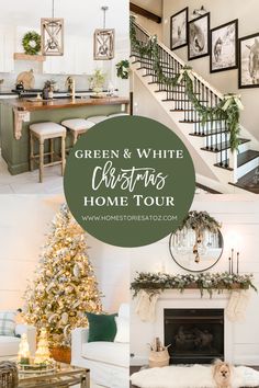 the green and white christmas home tour is featured in this postcard style photo collage