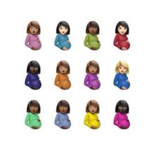 many small figurines of women sitting in different colors and sizes on a white background