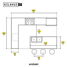 a drawing of a kitchen with an oven and sink in the center, two counters on each side