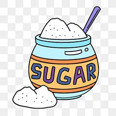 a jar of sugar with a spoon in it and the word sugar next to it