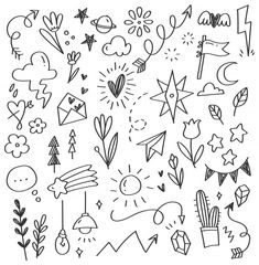 an image of hand drawn doodles on white paper with black ink, including arrows and stars