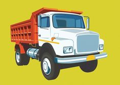 a white and orange dump truck on a yellow background