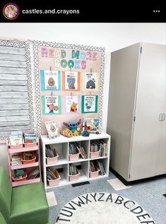 a child's playroom with bookshelves, toys and pictures on the wall