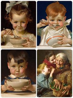 four paintings of children eating from bowls