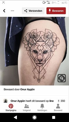 a woman's thigh with an image of a lion and roses on the side