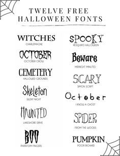 some type of font that is in different styles and colors, with the words halloween on them