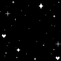 black and white pixelated image of stars in the night sky with hearts on them