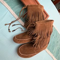 Brand New, Without Tag, Minnetonka All Leather Boots, Double Fringe, Never Worn, Perfect Condition. Any Questions? Please Ask. Festival Boots With Tassels And Round Toe, Western Style Closed Toe Moccasins For Fall, Fall Western Closed Toe Moccasins, Bohemian Suede Boots With Round Toe, Suede Moccasins With Tassels And Round Toe, Suede Tassel Moccasins With Round Toe, Brown Slip-on Festival Boots, Bohemian Suede Slip-on Boots, Festival Suede Boots