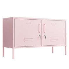 a pink metal cabinet with two doors on the front and one door open to reveal a key