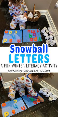 a child playing with snowball letters on the floor