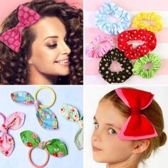 four different types of hair accessories and one girl with curly hair wearing polka dotty bows