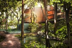 an artist's rendering of a house surrounded by trees and greenery with a pond in the foreground