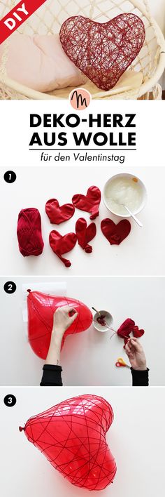 the instructions for how to make a valentine's day decoration with yarn and hearts