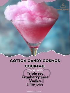 cotton candy cosmos cocktail flyer with pink liquid in a martini glass on a purple background